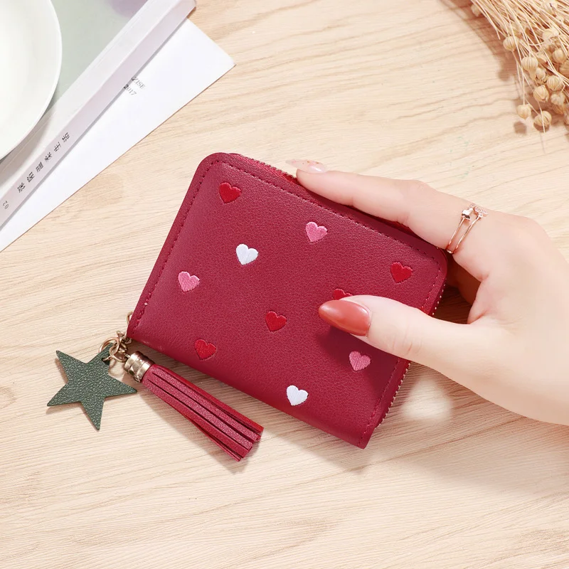 Women's Heart Shape Small Coin Wallets PU Leather Zipper Key Ring Tassels  Card Holder Mini Purse Cute Portable Female Clutch Bag - AliExpress