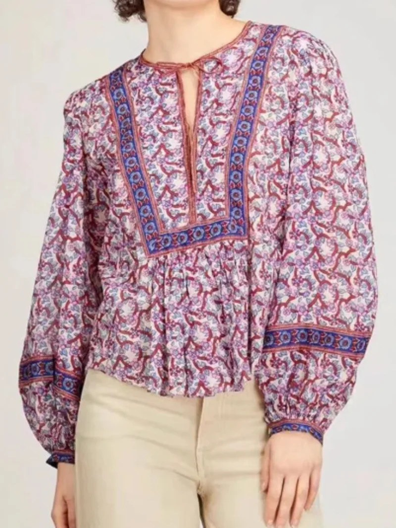 

Women Floral Printed Blouse Lace-up O-Neck Long Lantern Sleeve Vintage Spring 2024 100% Cotton Shirt