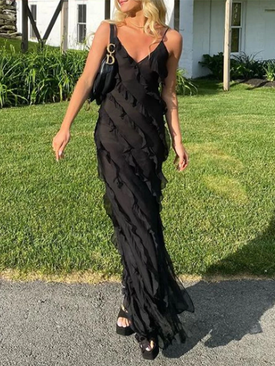 

Women's Spaghetti Strap V Neck Ruffle Long Dresses Split Bodycon Long Dresses Strappy Backless Evening Party Dresses