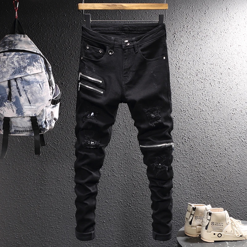 

Джинсы мужские Стрейчевые зауженные, модные рваные джинсы с заплатками, брюки из денима на молнии в стиле панк, стиль хип-хоп, черные