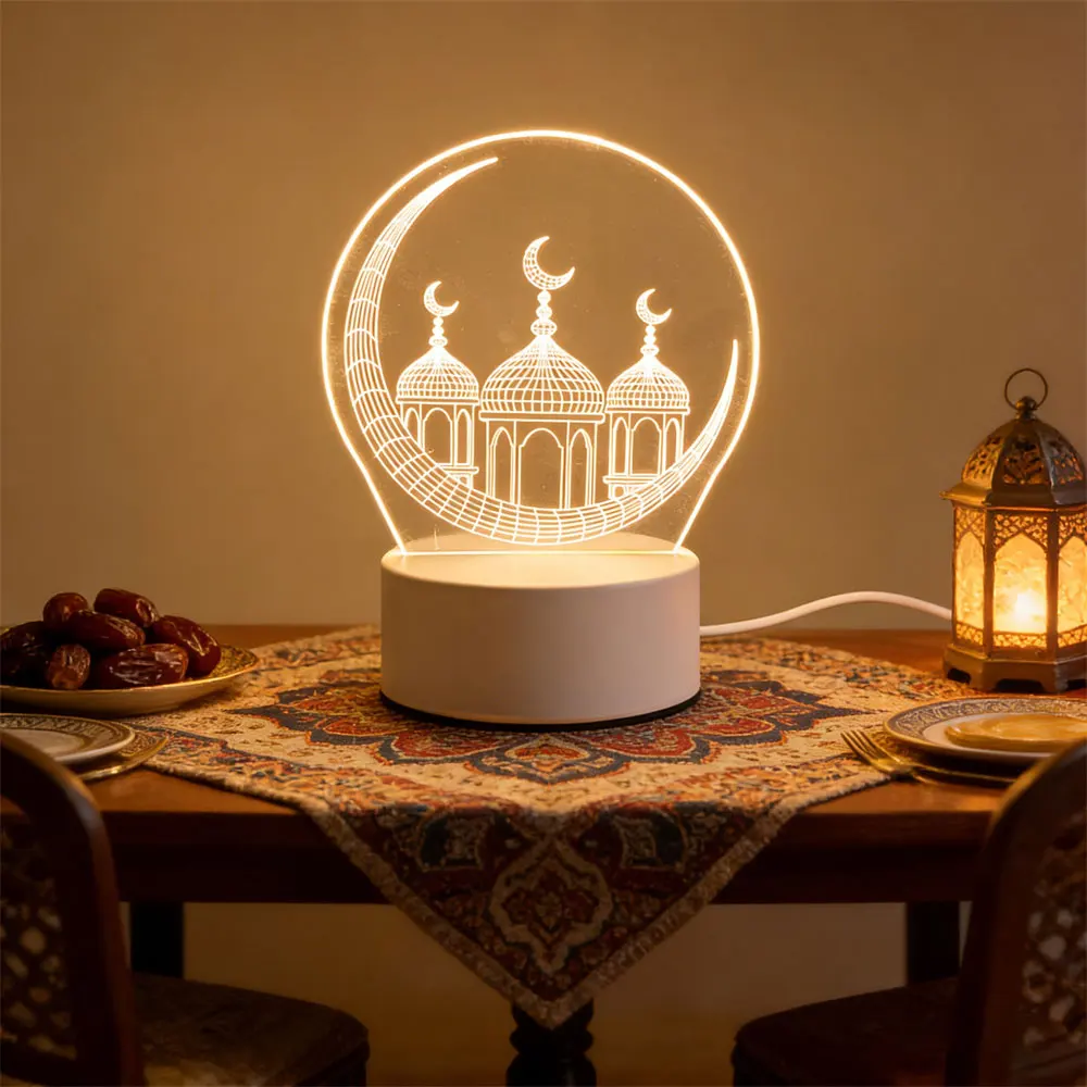 LED Night Light with 3D Moon Castle Design - Acrylic Eid Mubarak Ornament for Holiday and Festival Decor