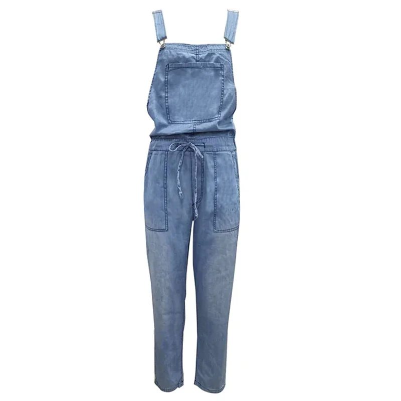 Helisopus New Soft Denim Women Jumpsuit High Waist Solid Color Loose Denim Pants Jeans Loose Drawstring Overalls