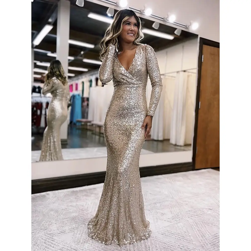 

Sexy V Neck Long Sleeves Formal Gowns Custom Made Mermaid Sequin Evening Dresses robes de soirée