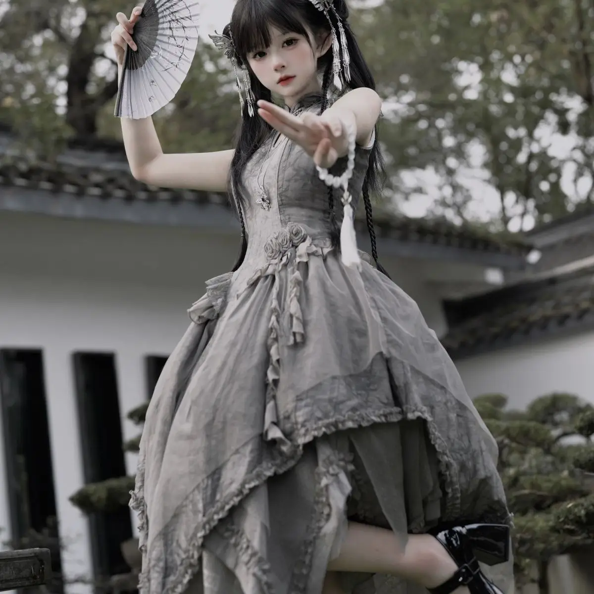 

Japan Lolita Niche Design Chinese Style Lolita Embroidered Irregular Hem Sweet Dress Suspender Skirt Summer Women
