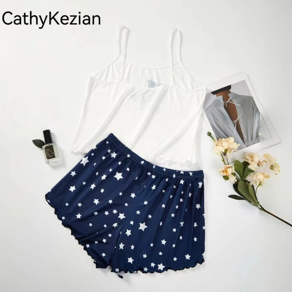 Women pajama suit 2 PCS Short-Sleeved Shorts Blue Moon Star Print Ventilate Soft Comfort Home Leisure