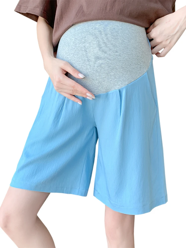 

2024 Summer Loose Casual Pregnancy Clothes High Waist Knee-length Wide Legs Thin Maternity Jeans Pregnant Woman Denim Shorts
