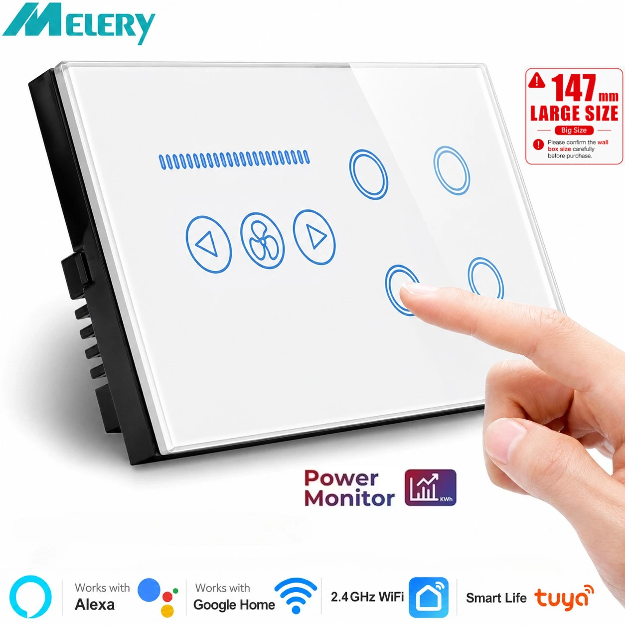 Melery Wifi Smart Tuya Light Switch Fan Speed Control Glass Touch Panel Power Monitor Interruptor Remote By Alexa Google Home