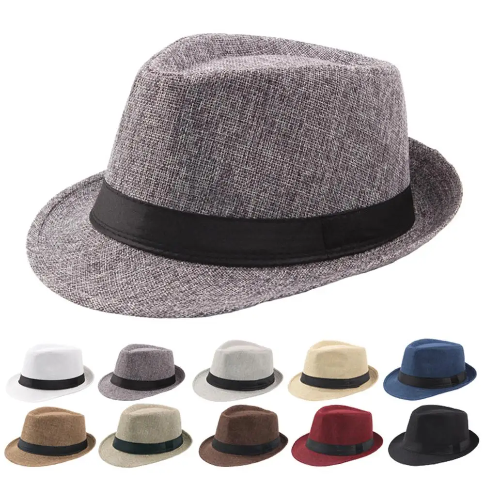 

2023 Men Fedora Hat Solid Color Wide Brim Jazz Hat Vintage Linen Hat Women Men Cowboy Hat Beach Sun Cap UV Protection Fedora Hat