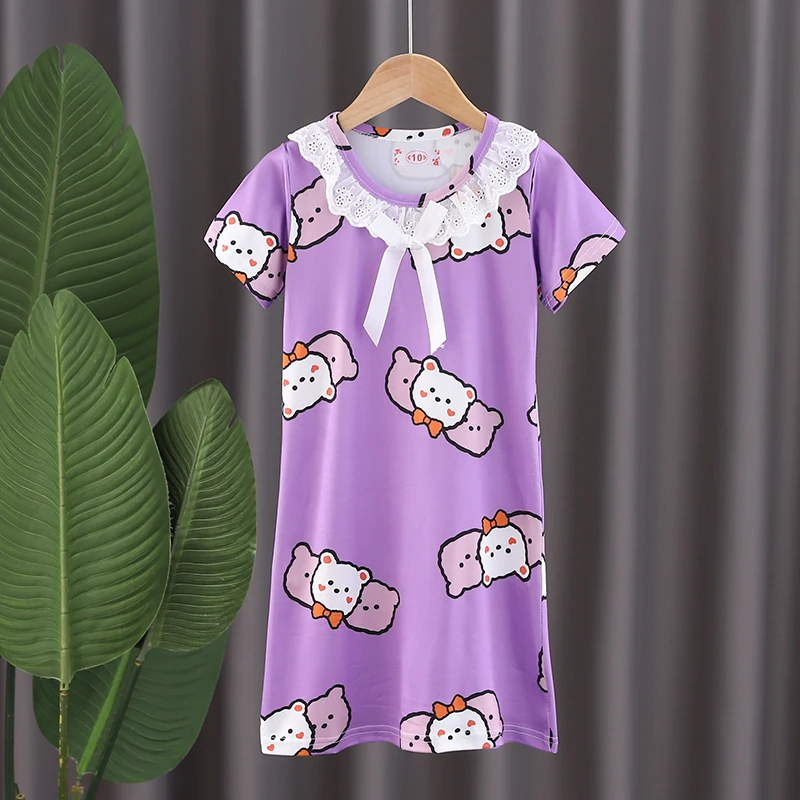 Girl Nightdress Cartoon Printed Nightwear Short Sleeve Girls Sleepwear