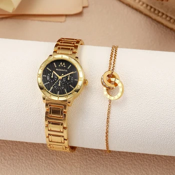 Fashion Light Luxury Elegant Round Dial Women Quartz Watch Bracelet Set of 2 for Christmas Thanksgiving Gift