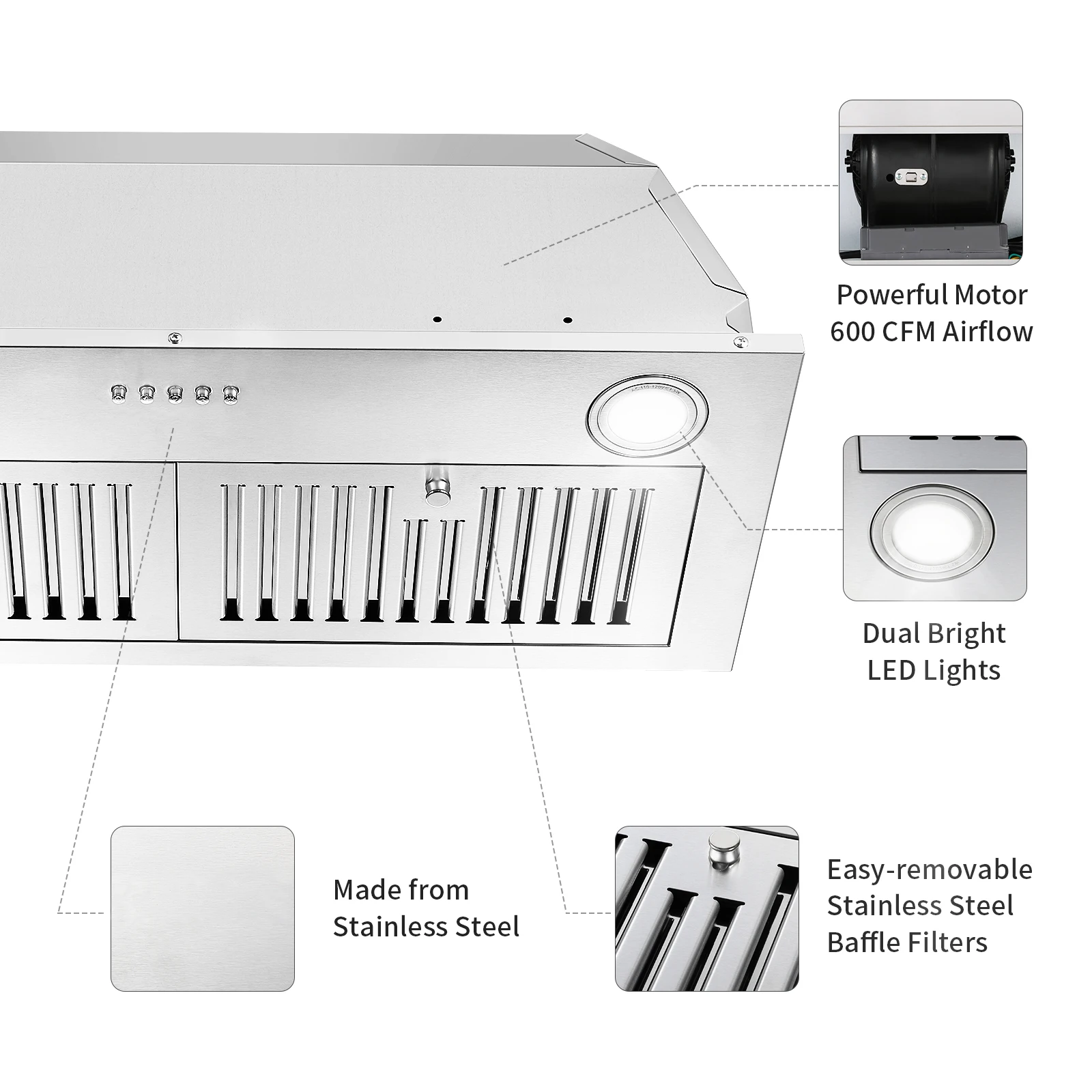 Tieasy 30 inch 600CFM Duct/Ductless Convertible Permanent Filters Led Lights Stainless Steel Kitchen Range Hood USGB1370 5