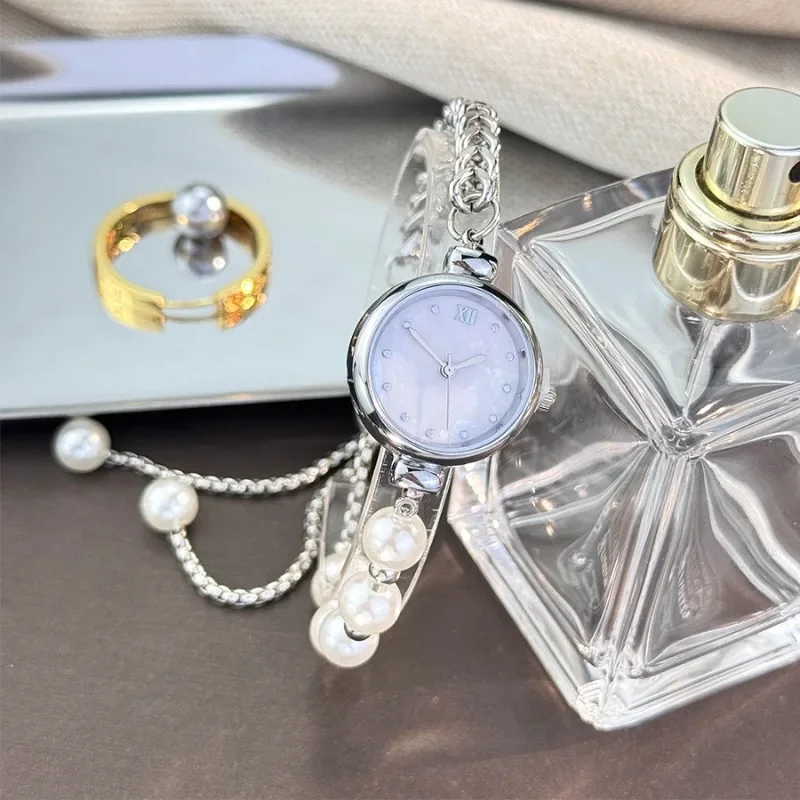 Elegant Pearls Bracelet Strap Women Wristwatch Vintage Small Dial Silver Color Ladies Quartz Watch Gifts