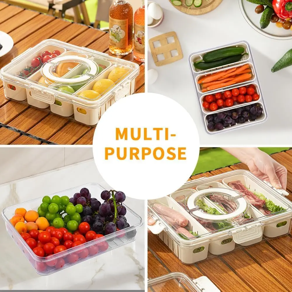 Food Storage Container With 4 Grids, Plastic Food Containers with Removable Drain Plate and Lid, Stackable Portable Freezer 4