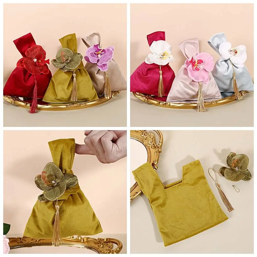 

Vest Shape Velvet Knot Handbag Tope Handle Large Capacity Flower Wrist Bag Korean Style Jewerly Packing Bag Festive Sugar Bag