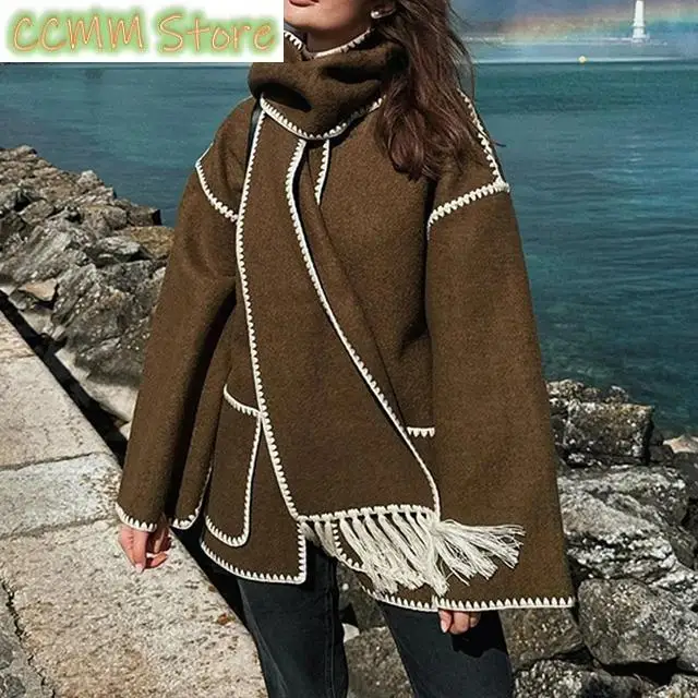 Hepburn Style Women Tassel Woolen Cape Coat With Scarf Retro Patchwork Long Sleeve Loose Outerwear Jacket Female Casual Overcoat