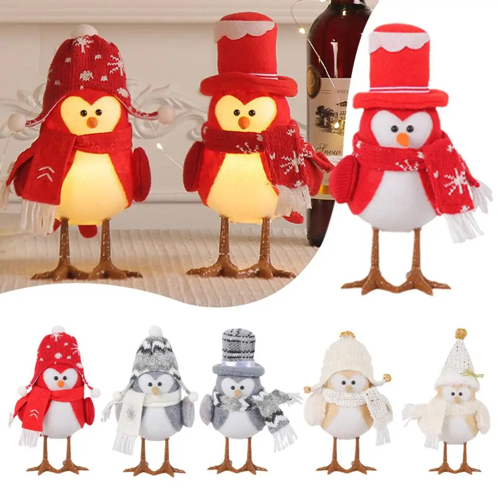 

Christmas Glowing Bird Knitted Plush Scarf Hat LED Merry Christmas Up Desktop Home Party Light Decoration Doll Supplies H7J9