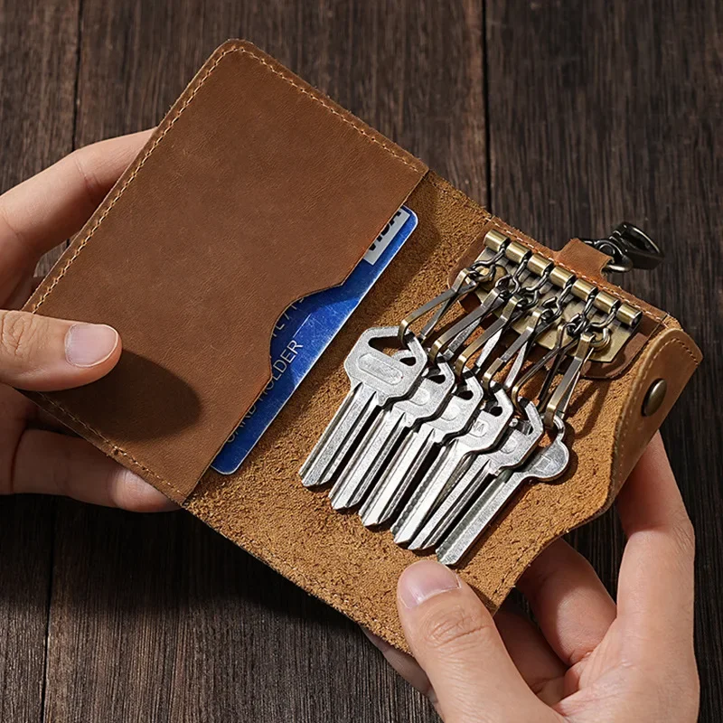 Luxury Leather Key Holder with Card Slot and Integrated Lock Storage
