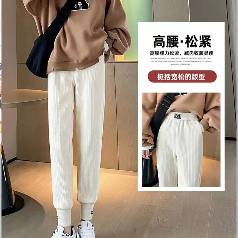 

Autumn Winter Solid Color Fashion Elastic Waist Haren Pants Women High Street Casual Pockets Plus Velvet Warm High Waist Trouser