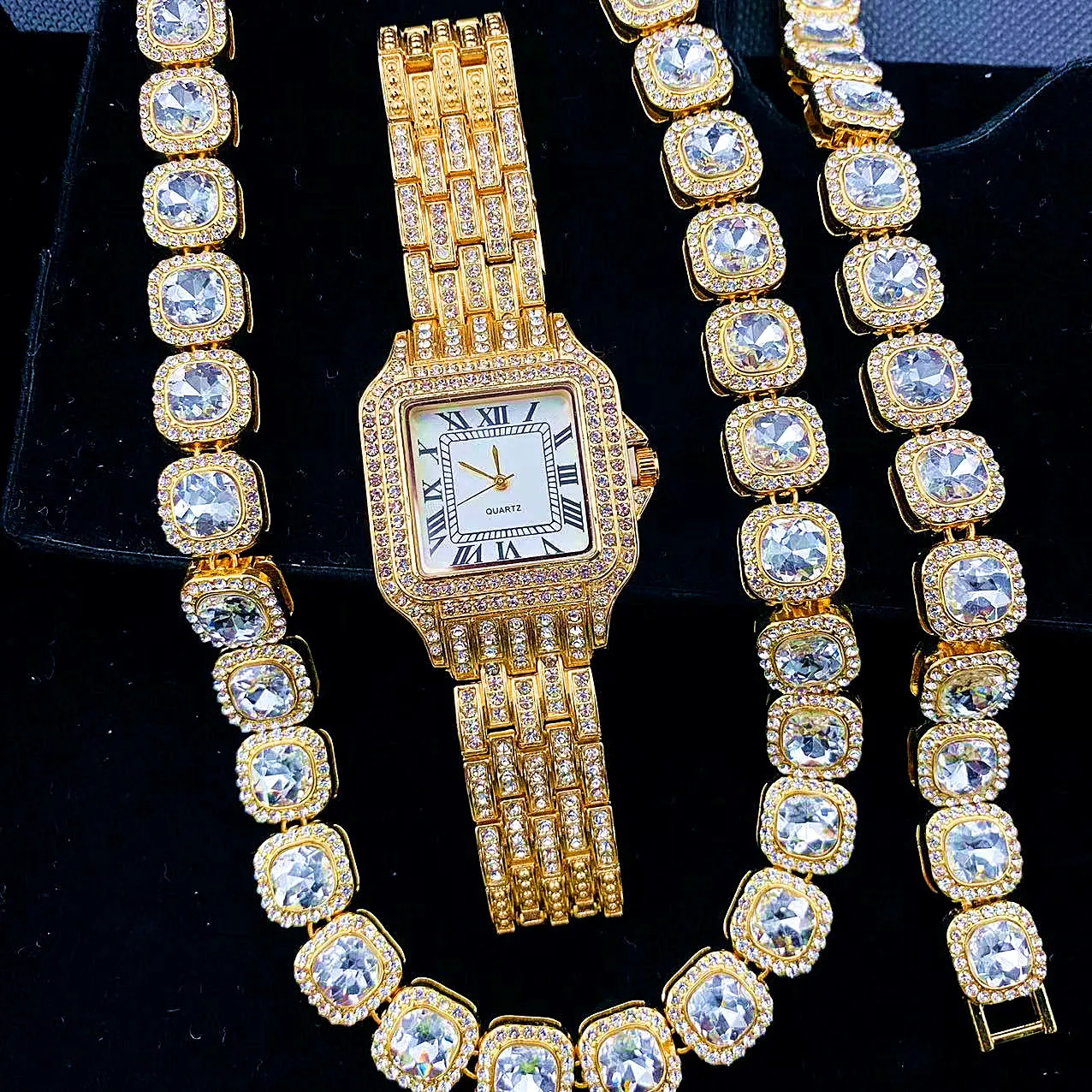 Luxury Iced Out Watches for Women Gold Watch Sliver Chain Bracelet Necklace Bling Bling CZ Jewelry Women Watch Set gifts Relojes