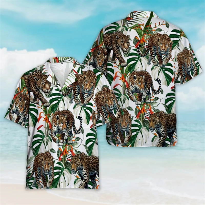 

Tropical Habitat Leopard Graphic Shirts For Men Clothes Fashion Cat Animal Beach Shirt Hawaiian Button Clothing Lapel Blouses
