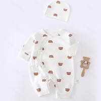 Barboteuse en coton avec chapeau pour nouveau-né, combinaison pour bébé garçon et fille, ours de dessin animé mignon, toutes saisons 6