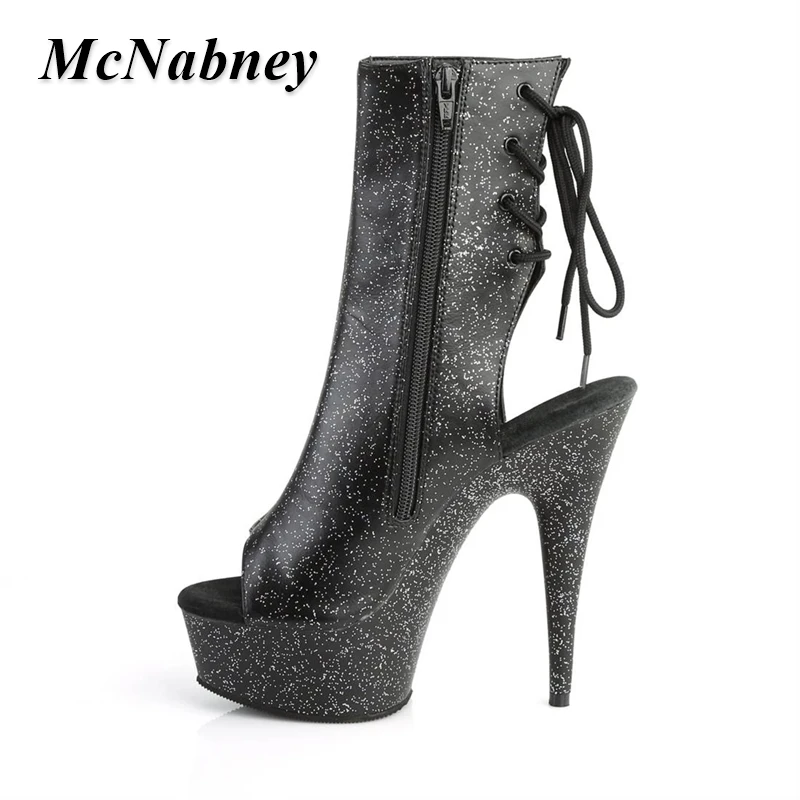 

Women Fish Mouth Platform Mid-Calf Boots 15Cm High Thin Heel Boots Sexy Flash Black Color Sandals Lace Up Side Zipper Lady Shoes