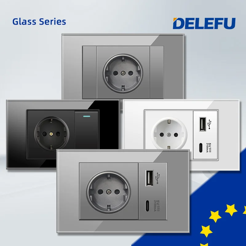 Delefu-tomada de Vidro Temperado Tomada Padrão da ue Dual Usb tipo c Interruptor de Luz Coréia 118 mm 72 mm