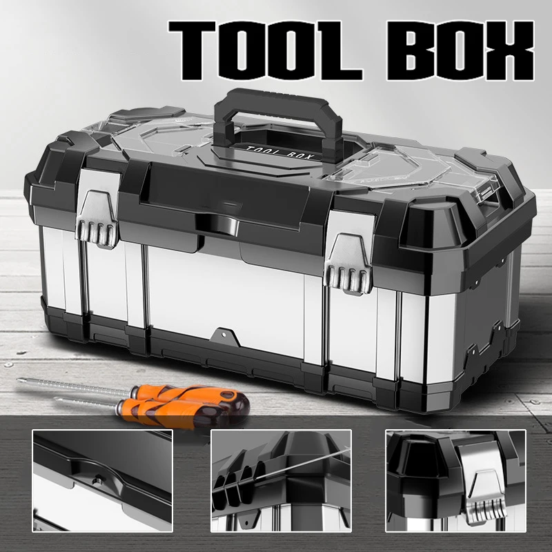 

Suitcase Tool Box Stainless Steel Double Layer Toolbox Hardware Storage Box Portable Tool box Organizer Box Large Empty Tool Box
