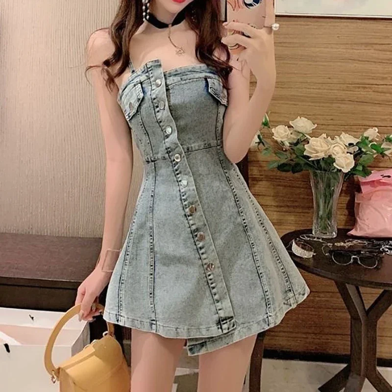 

Женское летнее облегающее платье с высокой талией, маленькое платье, новинка 2024, корейский элегантный мини-платье с вырезом лодочкой, джинсовая юбка