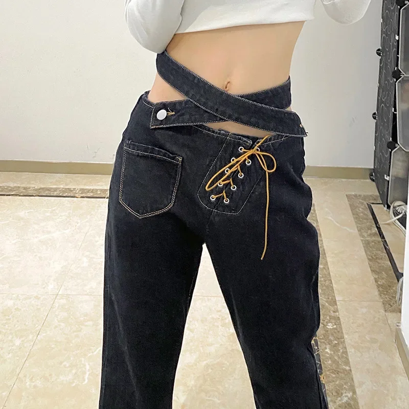 2024 Autumn and Winter New Women's Street Fashion Cross Button Lace-up Hollow Waist Wide Loose Long Wide-leg Casual Jeans