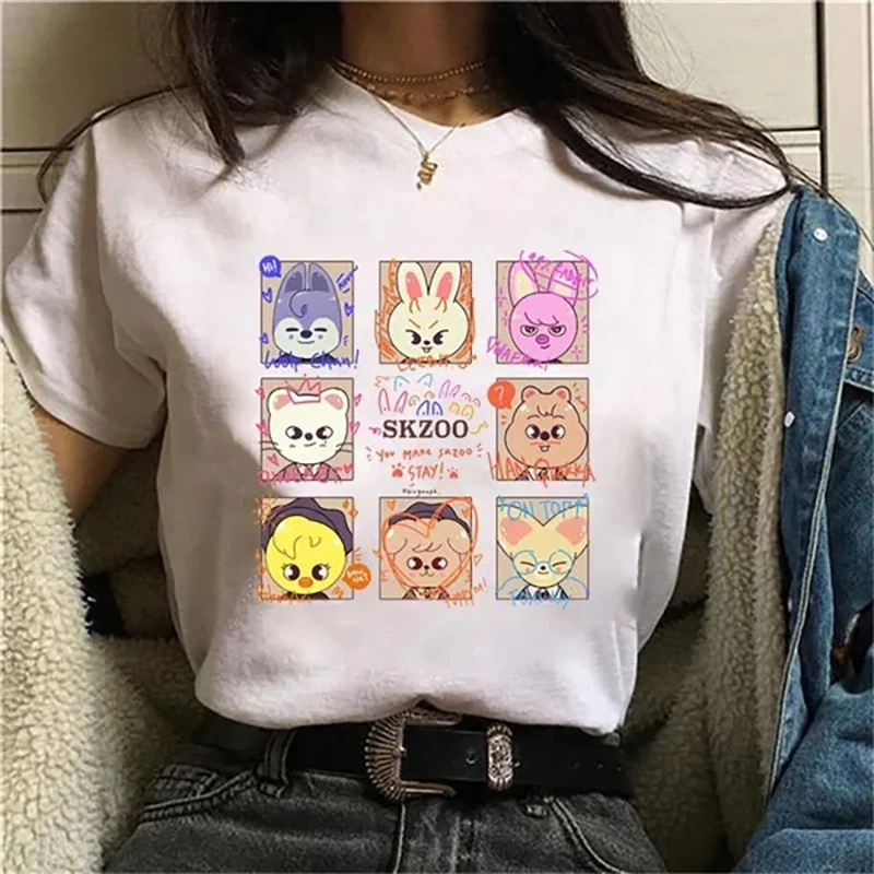 

KPOP Stray Kids T-shirt Funny Character Graphic Print Short Sleeve Women Casual Pure Cotton Loose Comfort T-shirt Top