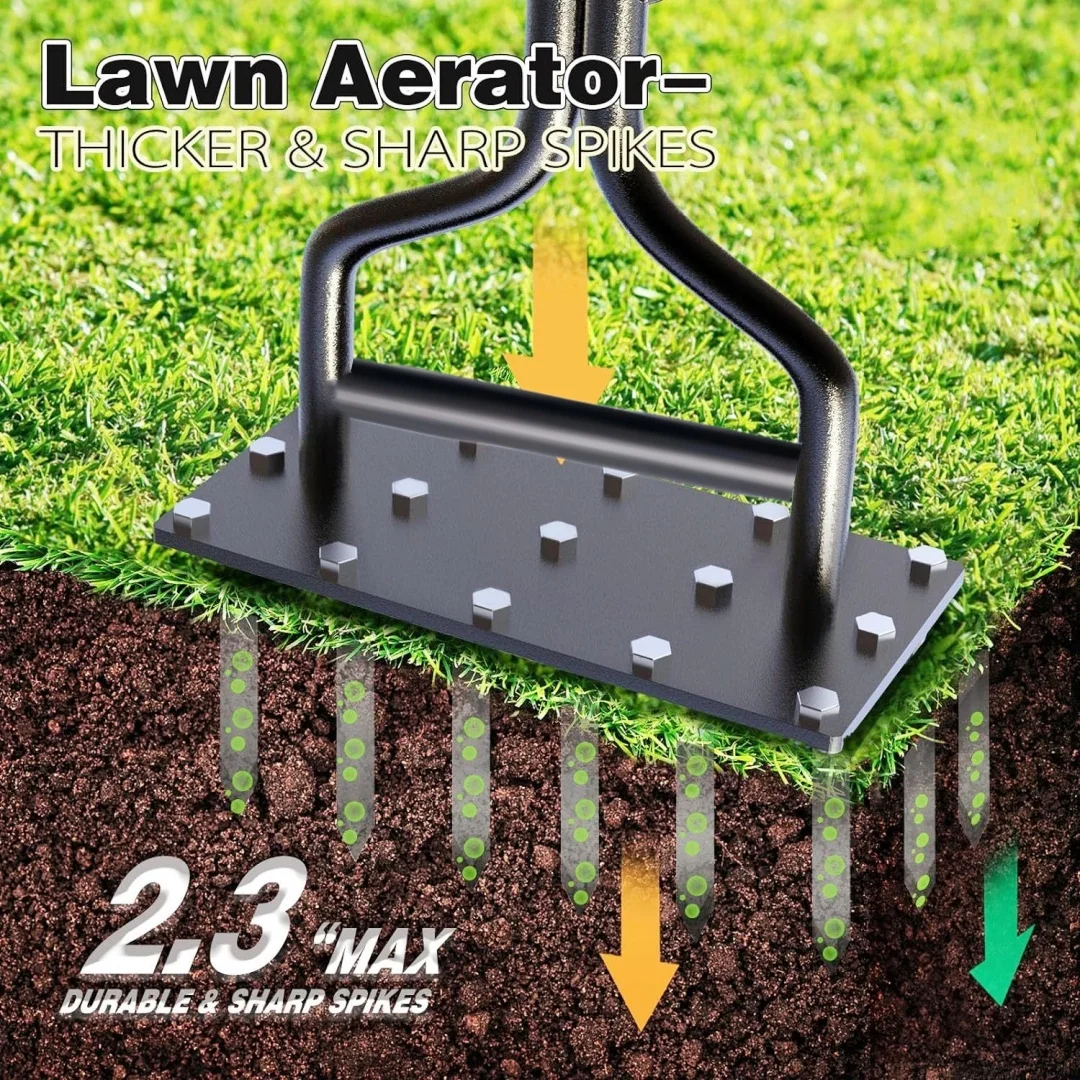 Lawn Aerator Spike Manual Tool 15 Iron Spikes 2 in 1 Grass Soil Aeration Tool Lawn Air Aerator Garden Cleaning