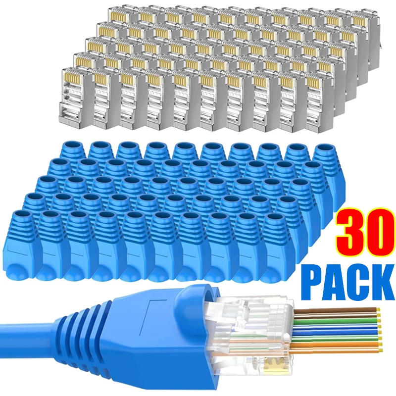 RJ45 CAT5 Pass Through Connectors Crystal End Gold-Plated to Crimp Modular Plug for Solid Or Stranded UTP Network Cable Sleeve