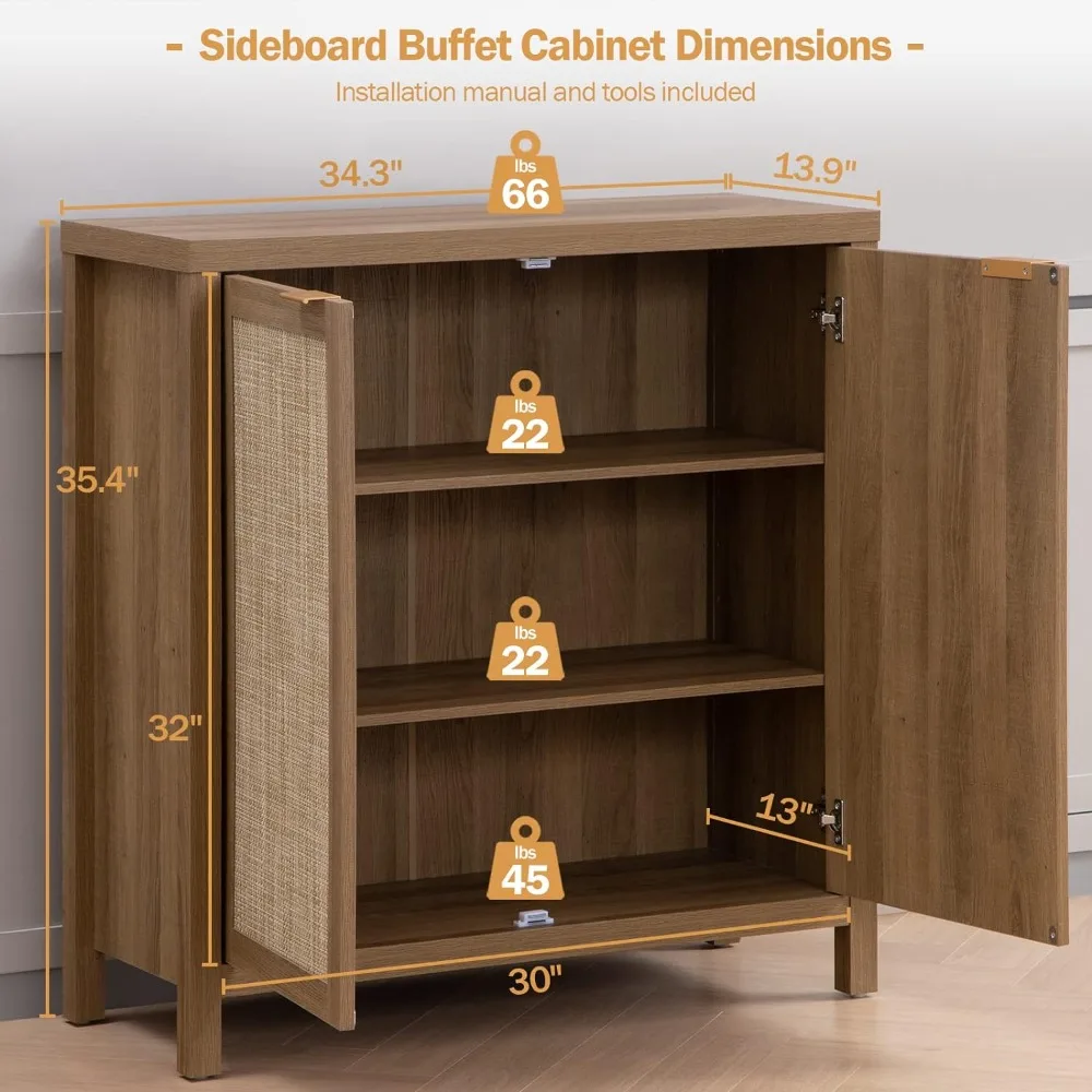 Sideboards Rattan Sideboard Buffet Credenza Cabinet-2 Pieces Farmhouse Kitchen Coffee Bar Cabinet