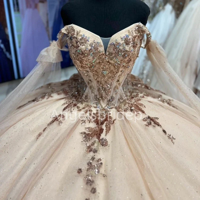 Angelsbridep Champagne Princess Quinceanera Dresses Off Shoulder Ball Gown Sweet 16 Dress Sequined Vestidos De 15 A&ntilde;os
