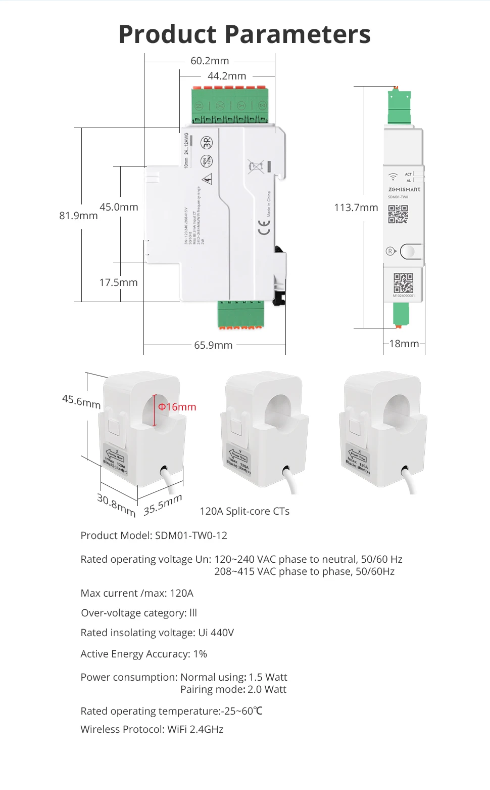 120A WiFi Smart Din-rail Energy Meter 3 Phase Power Monitor Withdrawable Connect