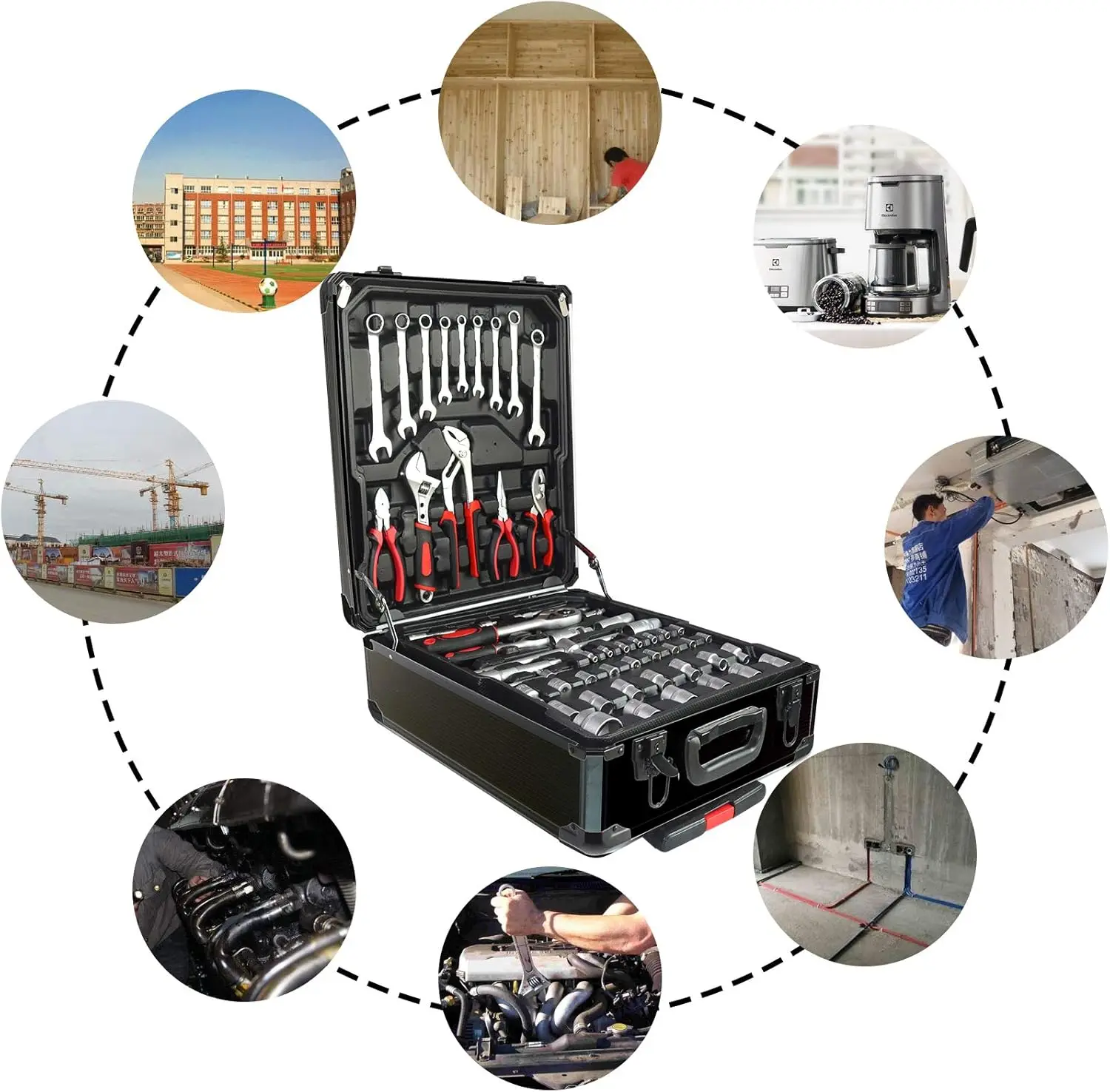 799pcs Aluminum Trolley Case Tool Set Silver, House Repair Kit Set, Household Hand Tool Set, with Tool Belt,Gift on Fat 4