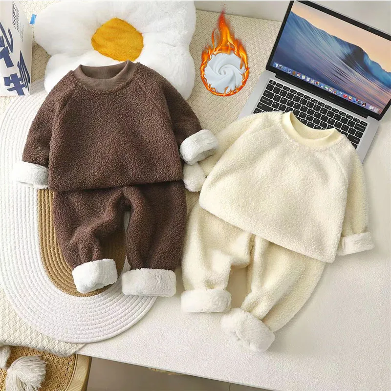 

Baby Padded Thickened Set Children's Warm Round Neck Suit Autumn Winter New Boys Girls Fashion Casual Solid Color 2-Piece 2-10Y