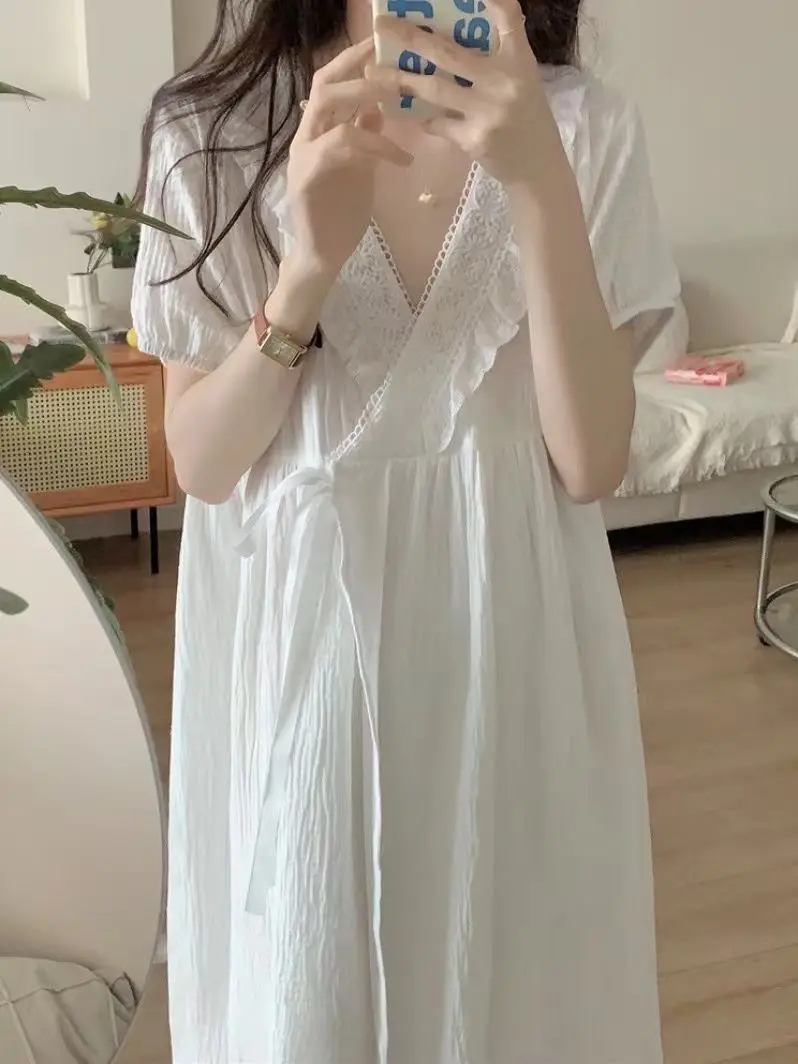 Cute Lace Nightgown Robe Women's Pajamas for Spring Summer Short Sleeved Home Clothes Sleep Loungewear Basic Woman Kimono Robes women nightgowns women nightdresses women pajamas sleeping dress