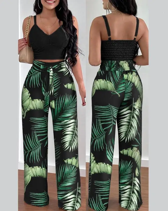 Women's Vacation suits 2024 Spring Summer Latest V-Neck Sleeveless Tropical Print Shirred Crop Top&high Waist Pocket Pants Set