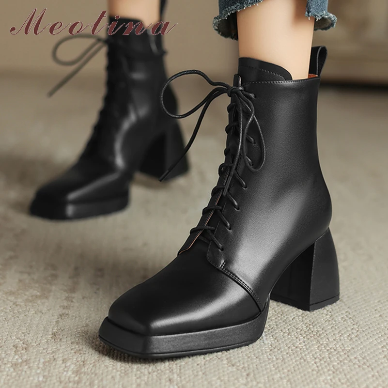 

Женские ботильоны из натуральной кожи Meotina, зимние полусапожки на платформе и блочном высоком каблуке, на шнуровке, с квадратным носком, на молнии