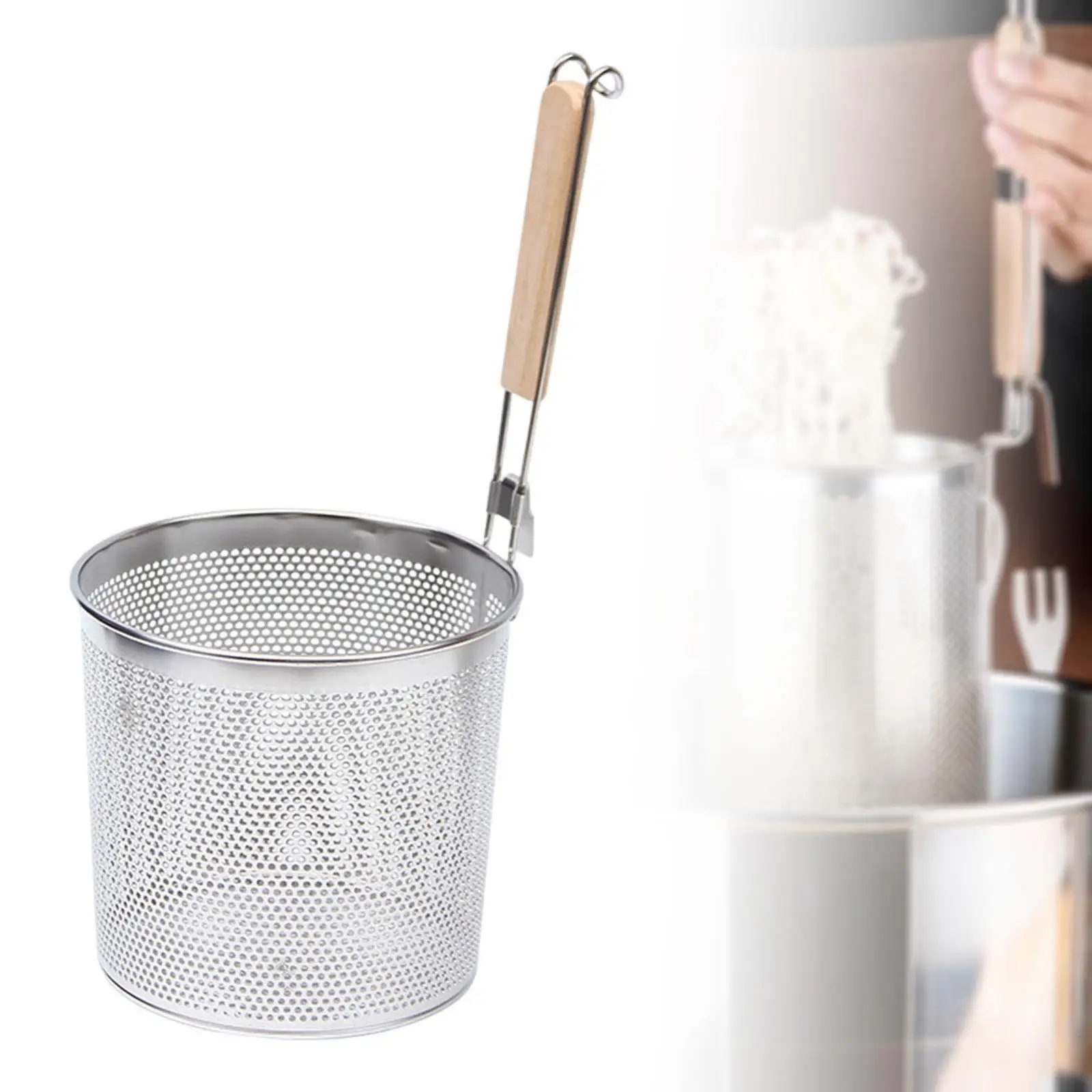 Stainless Steel Pasta Strainer Frying Serving Basket with Wood Handle for Onion Stainless Steel Pasta Strainer Frying Serving Basket with Wood Handle for Onion