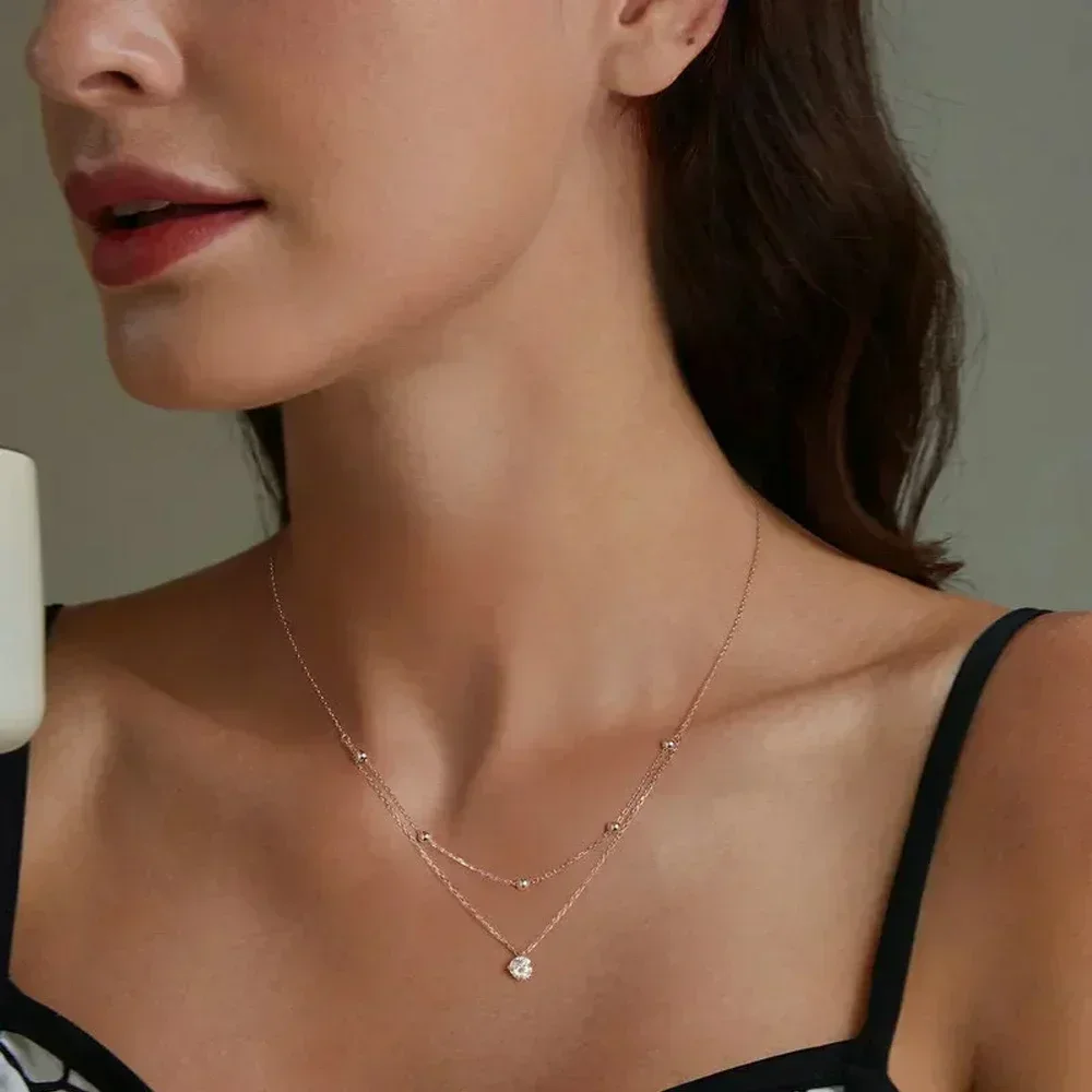 FEOBUR 5mm Certified Moissanite Pendant Layered Necklace 925 Sterling Silver for Women Double Layer Clavicle Chain Party Jewelry 6