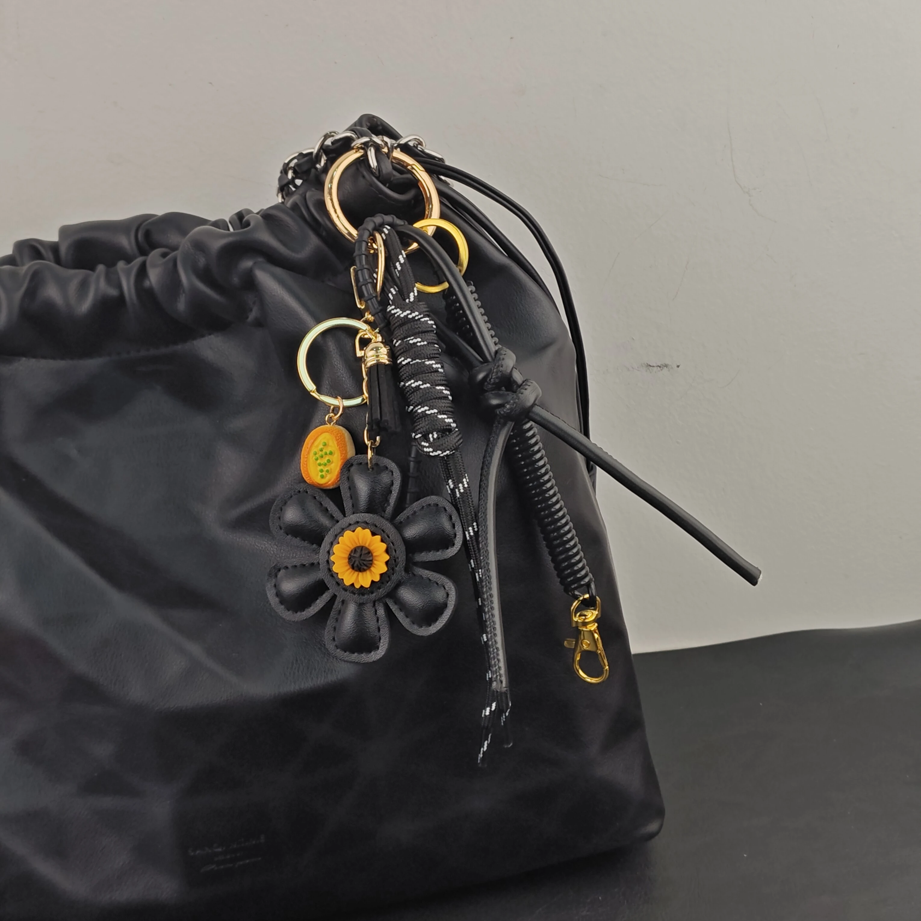 Sunflower Leather Bag Charm with Braided Rope - Fashionable Women's Keychain Accessory & Gift Wholesale