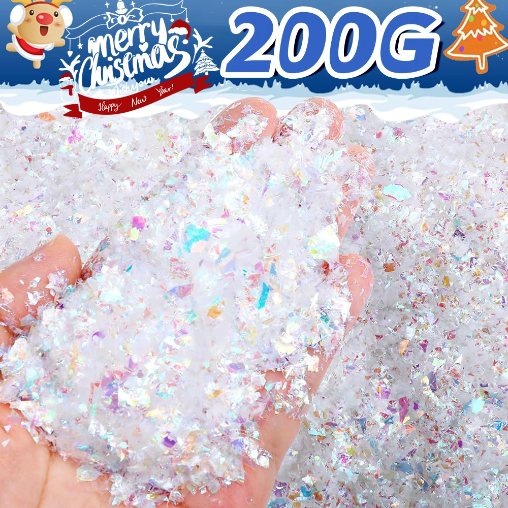 200G Dry White Plastic Snowflakes Christmas Flashing Fake Snow Artificial Snow Powder Winter Scene Prop DIY Decor New Year Party