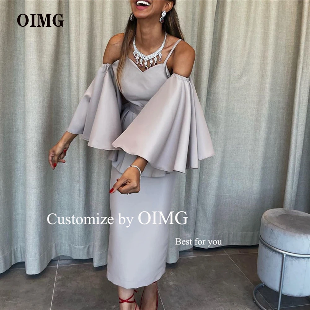 

OIMG Saudi Arabic Women Two Pieces Peplum Evening Party Dresses Midi Length Spaghetti Straps Flare Sleeves Formal Prom Gowns