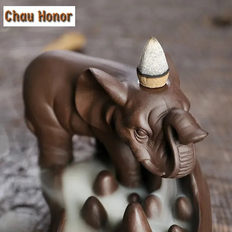 Elephant Art Backflow Incense Burners Emblem Auspicious and Success Ceramic Smoke Fountain Waterfall Reflux Room Zen Decor