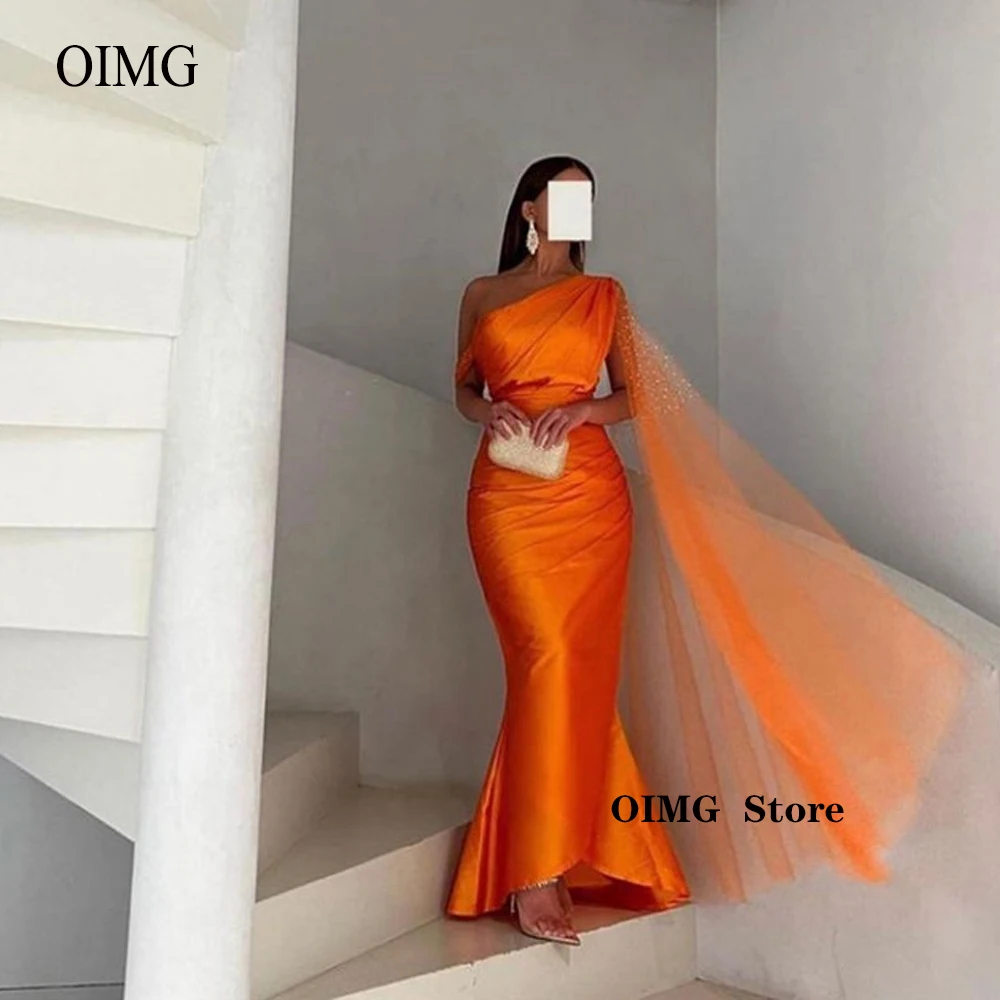 

OIMG Orange Mermaid Long Evening Dresses Women One Shoulder Cape Sleeve Tulle Pleats Prom Gowns Saudi Arabic Formal Party Dress