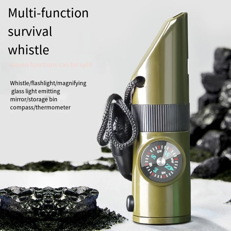 

Outdoor Survival Supplies Seven-in-one Whistle Multifunctional Portable Emergency Compass Magnifying Glass Torch Thermometer