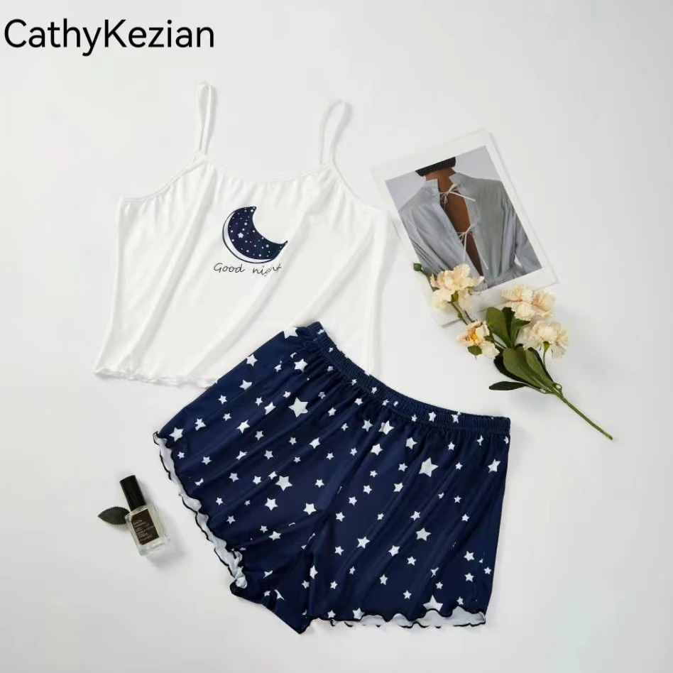 Women pajama suit 2 PCS Short-Sleeved Shorts Blue Moon Star Print Ventilate Soft Comfort Home Leisure